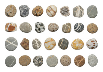 Collection of smooth varied beach stones on a black background