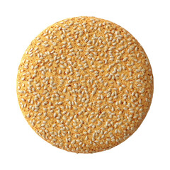 Round, tan cookie densely coated in white sesame seeds