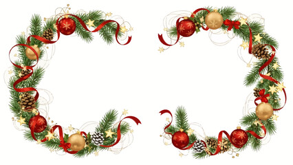 Stunning festive corner borders featuring elegant red ribbons pine branches ornaments and golden stars for holiday design