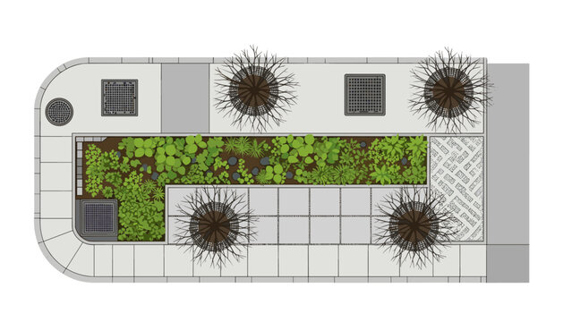 Top view rain garden and bioswale textures, sustainable streetscape and permeable paving vector