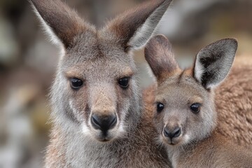 Fototapeta premium Mother kangaroo with her baby in a natural setting showcasing their bond in the wild during daylight hours