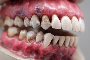 Fototapeta premium Realistic depiction of dental problems illustrating severe tooth injuries and decay with an emphasis on uneven smile and gum condition
