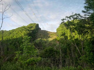 Powerlines spanning across Appalachian forest and Virginia mountain sides in sping with blue sky