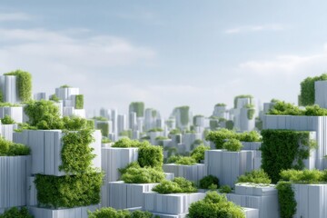 Fototapeta premium Green City Oasis: A visionary urban landscape where nature and architecture coexist harmoniously. Lush vegetation blankets geometric structures, fostering an environment of innovation, sustainability.