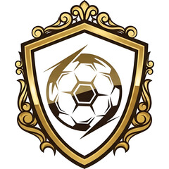  Luxury football emblem featuring a stylized soccer ball inside an ornate gold shield frame, bold modern lines