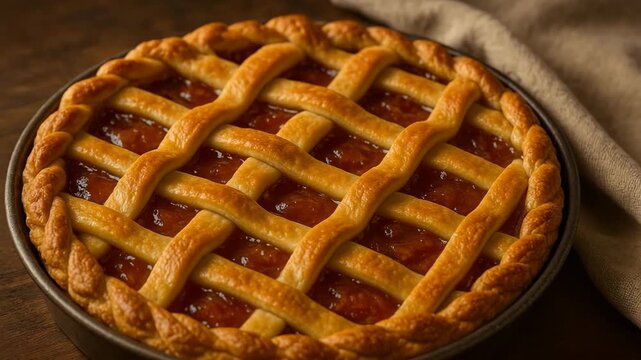 A freshly baked round fruit or jam pie featuring a beautiful, golden brown lattice crust and a crimped edge, set in a metal pan, symbolizing traditional baking, dessert, and homemade comfort food.
