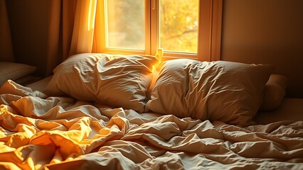 Intimate bedroom scene with rumpled linens, bathed in golden morning light suggesting shared warmth.