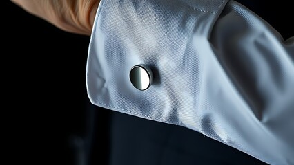 Extreme close-up of a sophisticated cufflink on a crisp white shirt cuff.
