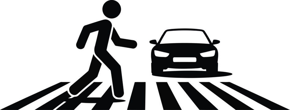 A black stick figure pedestrian walks on a zebra crossing with an approaching car symbol