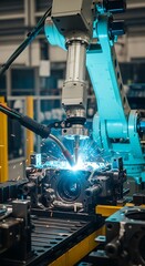 A robotic arm performs precision welding on a metal component in a modern manufacturing facility.