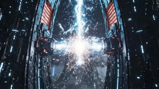 Futuristic Cityscape with Towering Alien Structure and Energy Beam.