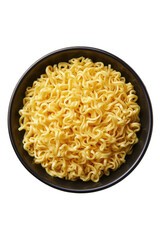 Noodles, cooked, in a dark bowl. Aerial shot