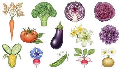 Variety of fresh vegetables and flowers arrangement isolated on transparent background