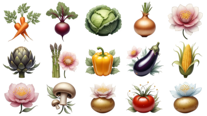 Collection of fresh vegetables and fruits isolated elements on transparent background isolated on transparent background