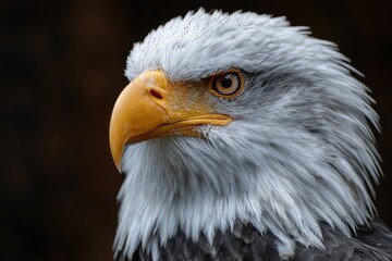Obraz premium Detailed close-up of a realistic bald eagle showcasing its majestic features, highlighting the vibrant beak and intense gaze against a dark background in North America