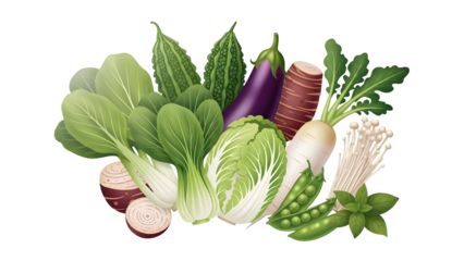 Variety of fresh asian vegetables isolated on transparent background