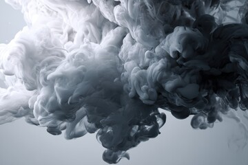 Swirling clouds of black and white smoke create a dramatic visual display against a neutral backdrop in an abstract representation of motion and form