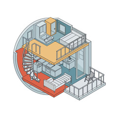 Fototapeta premium Modern Tiny House Interior Design with Spiral Staircase and Balcony.