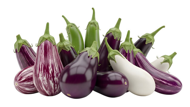 Variety of eggplant collection fresh produce isolated on transparent background
