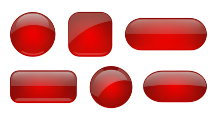 Collection of glossy red buttons in various shapes on a dark backgroun
