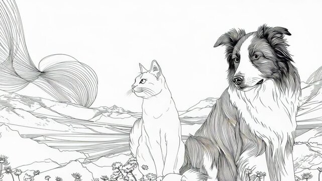 A cat and a dog are sitting together in a field. The scene is peaceful and calm. Simple ambient line-art style with an Oriental Cat and Border Collie Dog, cat and dog minimalist scene