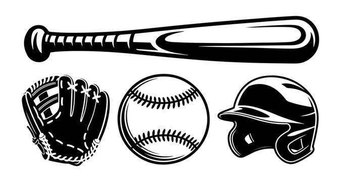 Black silhouette set of baseball equipment