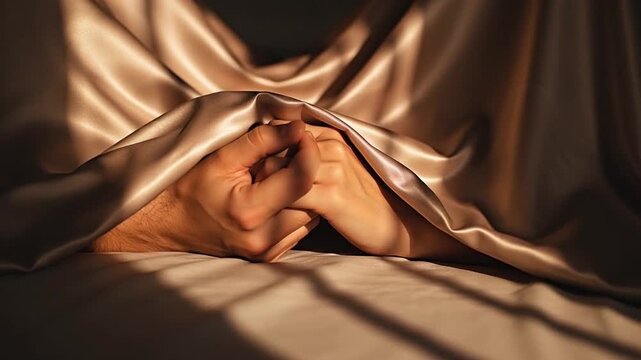 Intimate Moment: Couple's Hands Gently Holding Under Luxurious Silk Sheets in Warm Morning Light