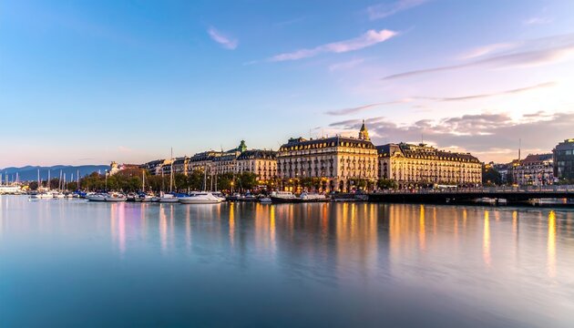 Geneva Cityscape at Sunset Reflected in Lake Geneva with Boats and Buildings.