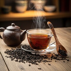 Steaming cup of dark tea, with loose leaves and a decorative wooden spoon, sits on a rustic wooden table next to a traditional teapot.