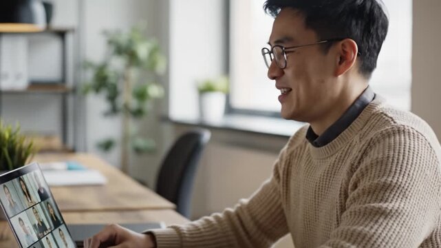 A young Asian businessman participates in a team video call on his laptop in a modern office. Perfect for remote work, business technology, and corporate communication concepts.