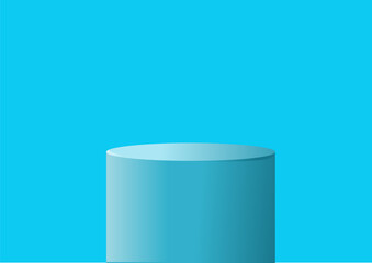 Minimalist Blue Cylinder Pedestal on Solid Cyan Background for Product Display or Graphic Design Mockup