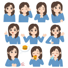 Cute female daily expression and activities clipart set