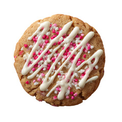Round cookie with white drizzle and pink/white sprinkles