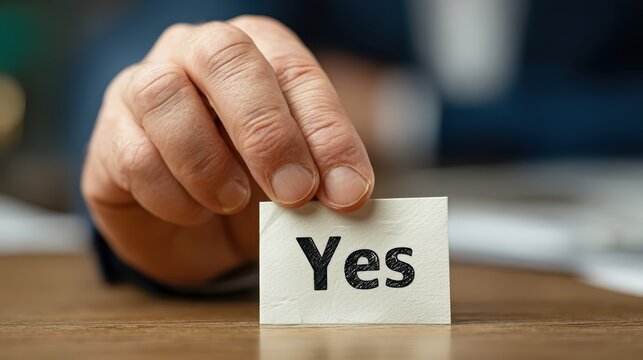 A hand holds a small card displaying the word "Yes," symbolizing agreement or affirmation in a professional setting.