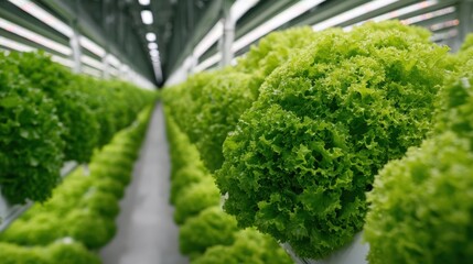 A lush, green hydroponic lettuce farm showcasing rows of vibrant, healthy lettuce heads grown in a controlled environment.