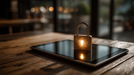 A modern tablet with a glowing padlock on it, symbolizing digital security and privacy in a stylish, illuminated setting.