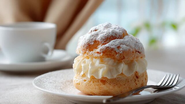 Cream puff pastry with powdered sugar on plate