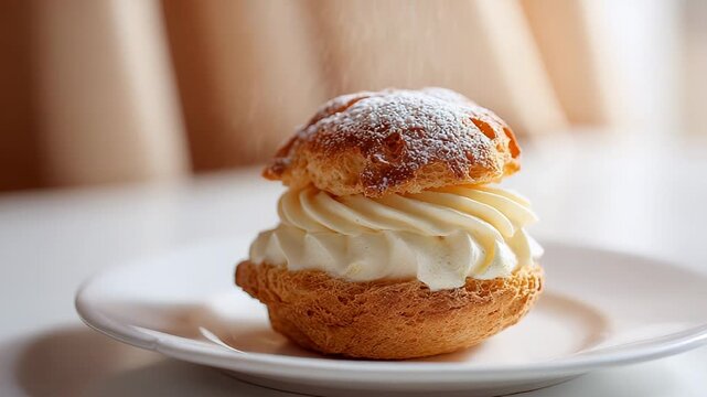 Cream puff pastry rotating on white plate
