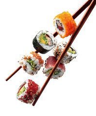 Sushi rolls skewered on chopsticks against black