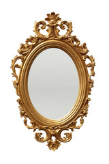Ornate gold-framed oval mirror against a black background