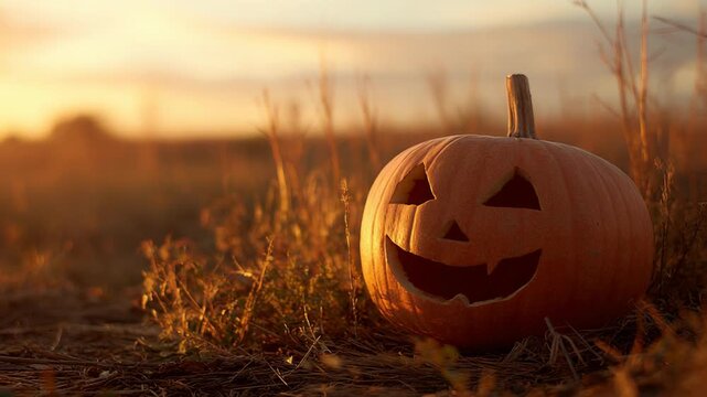 Jack-o-lantern glowing in autumn field