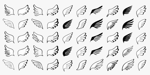 A collection of various black and white wing designs arranged on a white background