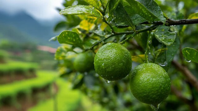 Wet limes hanging on branch after rain