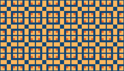 A repeating square motif with warm orange centers arranged in a structured blue grid. Perfect for contemporary prints and stylish graphic projects