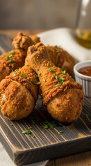 Crispy fried chicken legs, seasoned with herbs, presented on a dark wooden cutting board.
