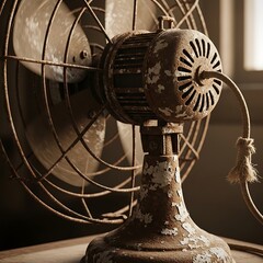 Close-up of a vintage fan, showcasing its aged rust and weathered paint, with a warm, muted lighting effect.
