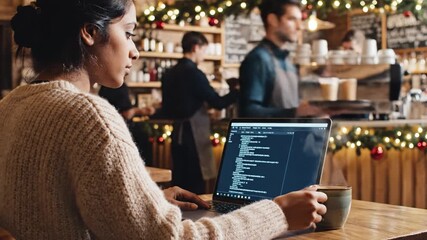 Young woman typing code on laptop in cozy cafe with Christmas decorations. Focused female freelancer working remotely during holidays. Concept for remote work, study and winter vibes. - Powered by Adobe