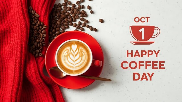 A red coffee cup on saucer with latte art on happy coffee day celebration with beans and red sweater - Powered by Adobe