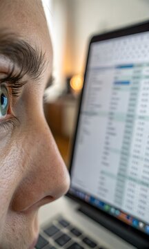 Tired Eyes Reflecting Spreadsheet. Macro of weary eyes reflecting computer screen&mdash;authentic under-eye texture and cool monitor glow.