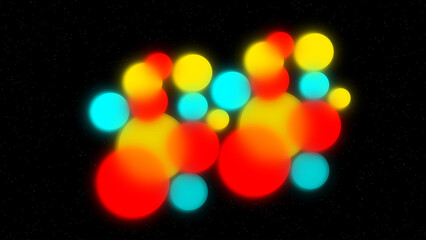 Colorful glowing circles in red yellow and cyan forming a vibrant abstract cluster against a black starry background